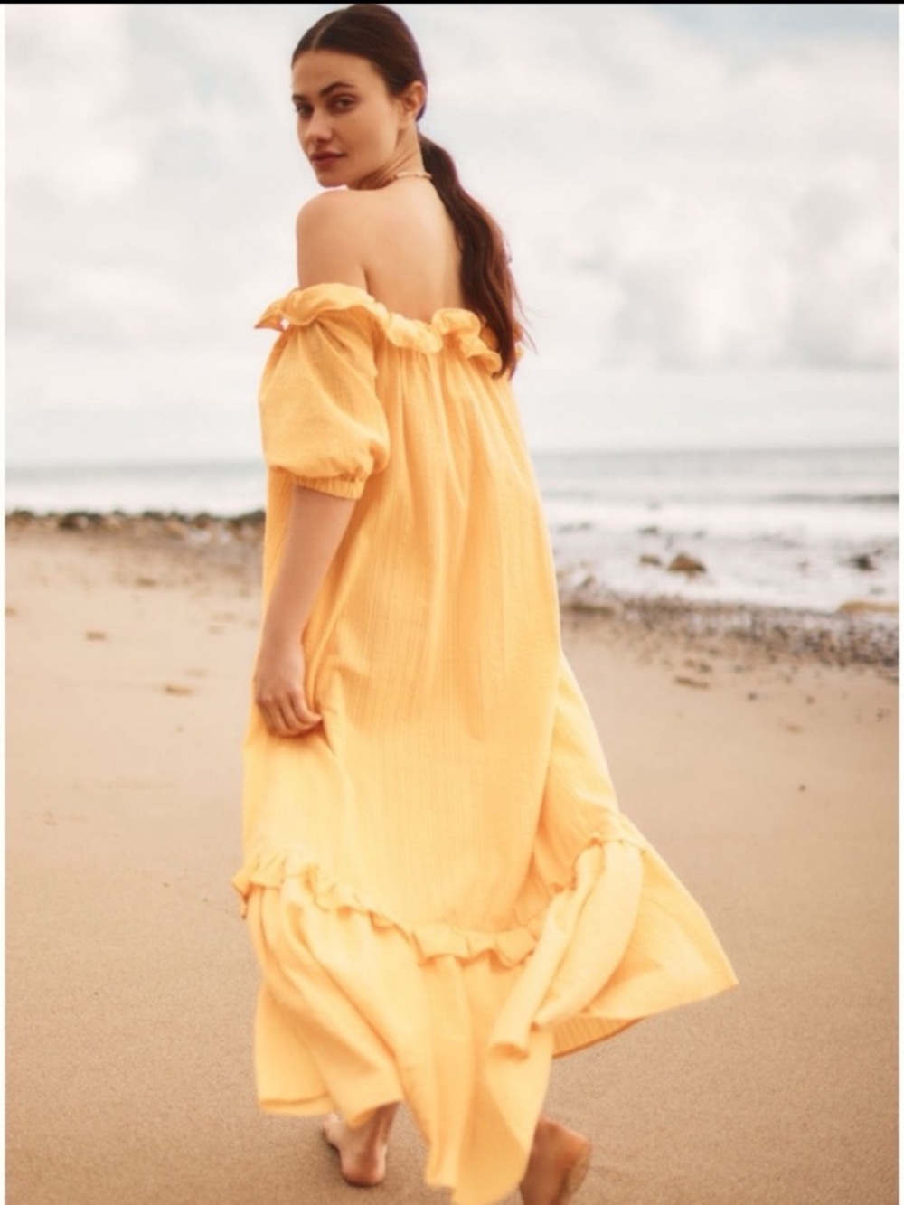 Anthropologie Ruffle Off-The-Shoulder Button  Gauze Beach Cover Up Dress, S - Picture 11 of 12